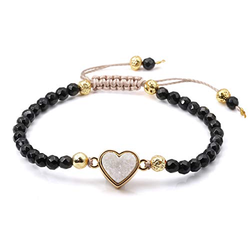 Black & Gold Lava Rock Stone Adjustable Bracelets with Heart Shape Charm