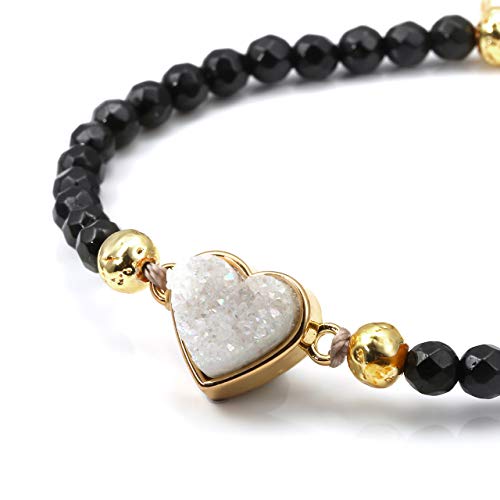 Black & Gold Lava Rock Stone Adjustable Bracelets with Heart Shape Charm