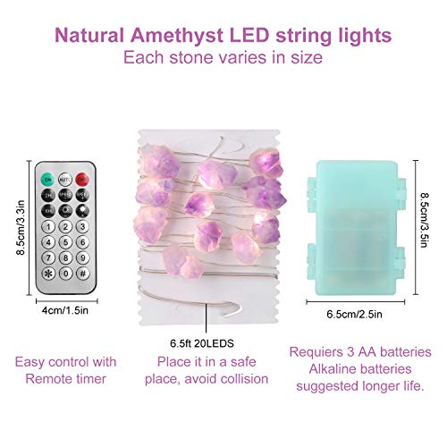 Nature Amethyst Crystal Raw Stones Decorative String lights 6.5ft 20LEDs with Remote Control