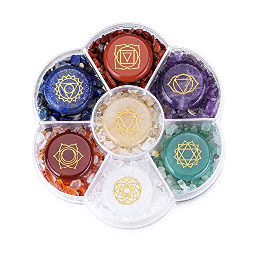 7 Chakra Crystal Stones Natural Reiki Healing Crystals Gemstones with Engraved Chakra Symbol Tumbled Polished Chakra Stone Kit for Meditation Crystal Therapy