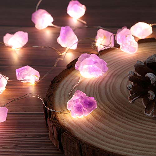 Nature Amethyst Crystal Raw Stones Decorative String lights 6.5ft 20LEDs with Remote Control